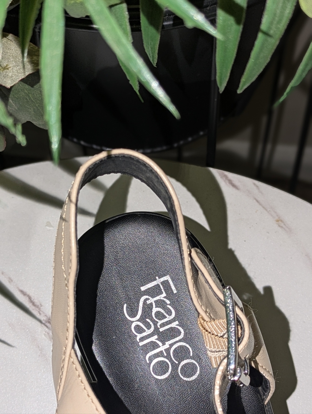 Franco Sarto Black and Beige Wedge Sandals with Ankle Strap - Picture 7 of 10